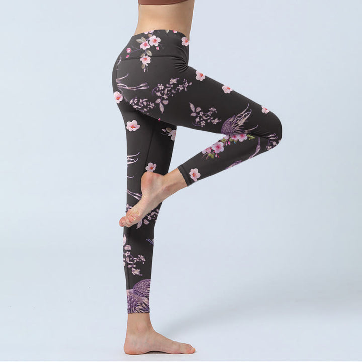 Leggings da palestra con stampa di Buddha Stones, fiori rosa e gru volanti, pantaloni da yoga da donna - image 4