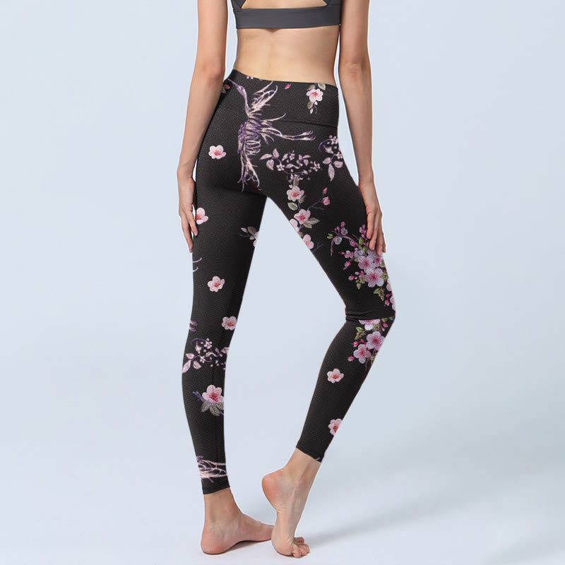 Leggings da palestra con stampa di Buddha Stones, fiori rosa e gru volanti, pantaloni da yoga da donna - image 4