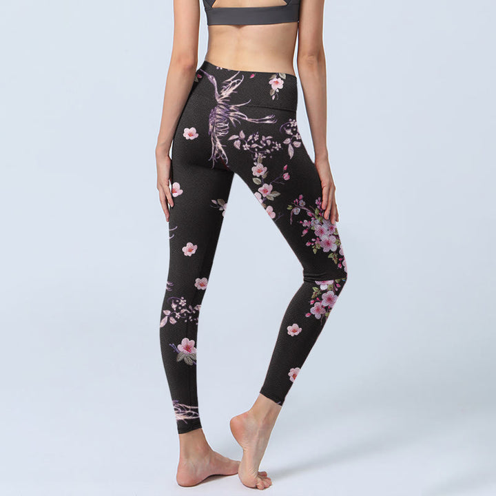 Leggings da palestra con stampa di Buddha Stones, fiori rosa e gru volanti, pantaloni da yoga da donna - image 4