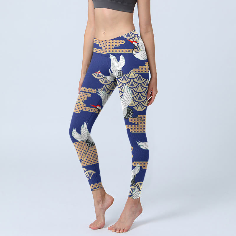 Leggings da palestra con stampa di Buddha Stones, gru dalla corona rossa, nuvole di buon auspicio a forma di ventaglio, pantaloni da yoga da donna - Blu Reale - US18, UK/AU22, EU50 (4XL) - image 0