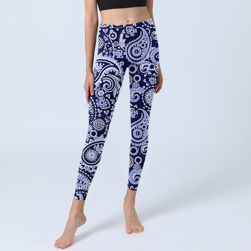 Leggings da palestra con stampa di fiori di anacardi viola e blu Buddha Stones, pantaloni da yoga da donna - image 5