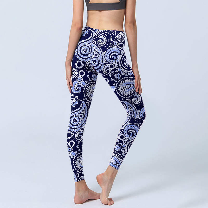 Leggings da palestra con stampa di fiori di anacardi viola e blu Buddha Stones, pantaloni da yoga da donna - image 5