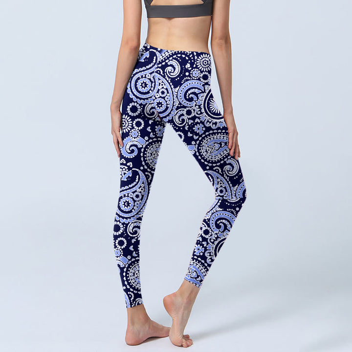 Leggings da palestra con stampa di fiori di anacardi viola e blu Buddha Stones, pantaloni da yoga da donna - image 5