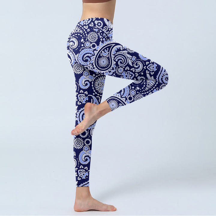 Leggings da palestra con stampa di fiori di anacardi viola e blu Buddha Stones, pantaloni da yoga da donna - image 3