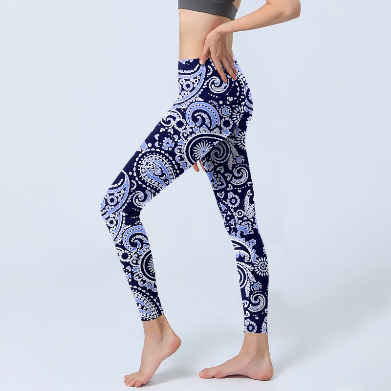 Leggings da palestra con stampa di fiori di anacardi viola e blu Buddha Stones, pantaloni da yoga da donna - image 3