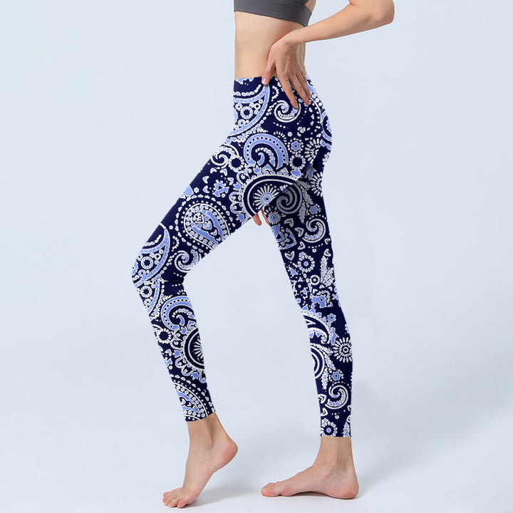 Leggings da palestra con stampa di fiori di anacardi viola e blu Buddha Stones, pantaloni da yoga da donna - image 2