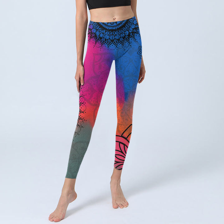 Leggings da palestra con stampa di fiori mandala, rossi e blu, con Buddha Stones, pantaloni da yoga da donna - image 5