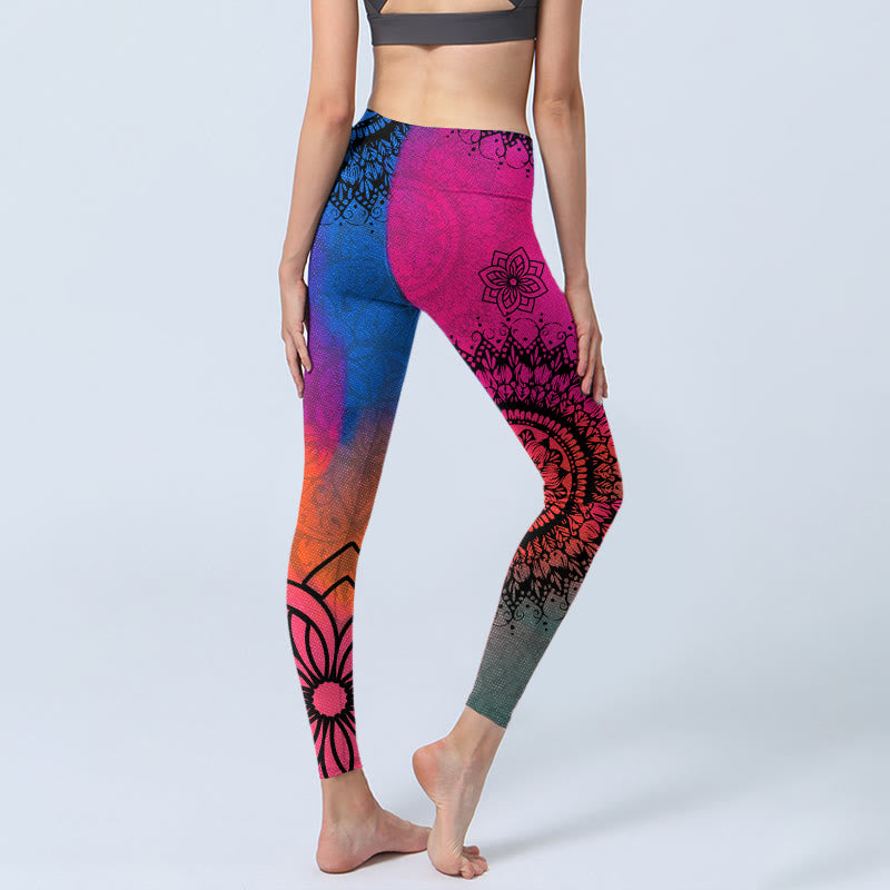 Leggings da palestra con stampa di fiori mandala, rossi e blu, con Buddha Stones, pantaloni da yoga da donna - image 5