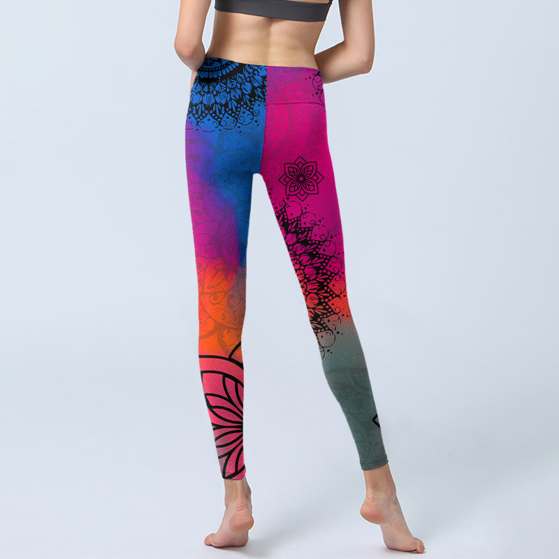 Leggings da palestra con stampa di fiori mandala, rossi e blu, con Buddha Stones, pantaloni da yoga da donna - image 7