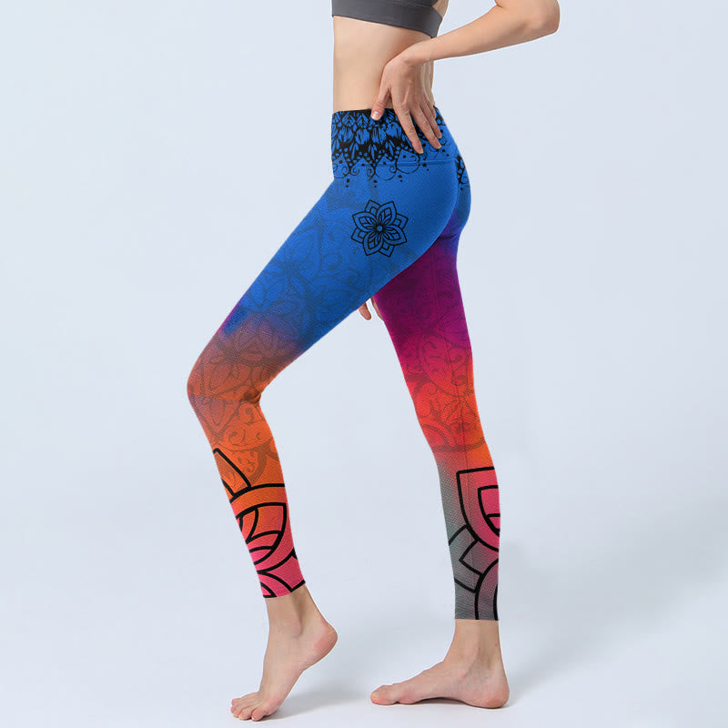 Leggings da palestra con stampa di fiori mandala, rossi e blu, con Buddha Stones, pantaloni da yoga da donna - image 2