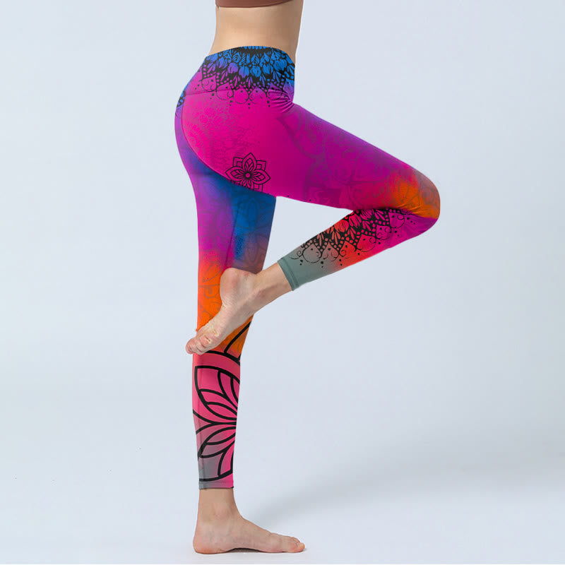 Leggings da palestra con stampa di fiori mandala, rossi e blu, con Buddha Stones, pantaloni da yoga da donna - image 3