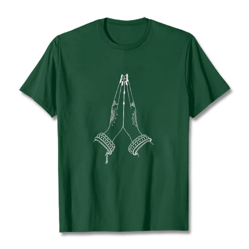 Maglietta con disegno di preghiera "Buddha Stones, metti le mani insieme" - Verde foresta - 2XL - image 1
