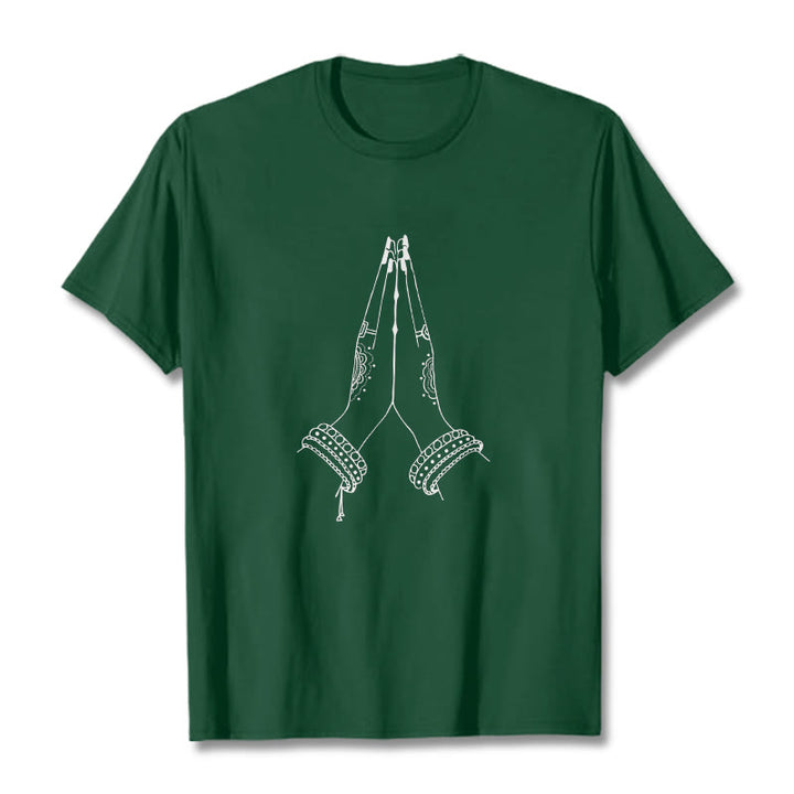 Maglietta con disegno di preghiera "Buddha Stones, metti le mani insieme" - Verde foresta - 2XL - image 1