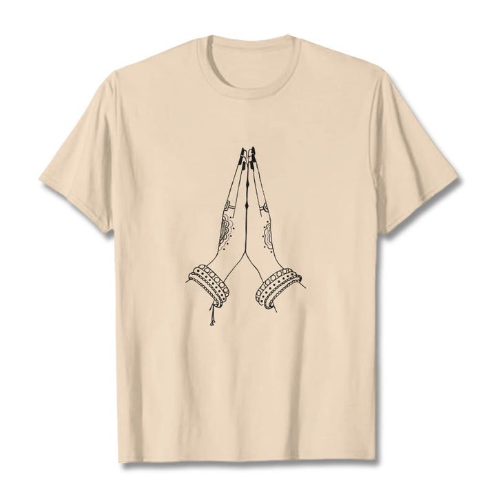 Maglietta con disegno di preghiera "Buddha Stones, metti le mani insieme" - Biscotto - 2XL - image 10