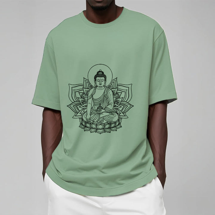 Maglietta Buddha Stones della Medicina, Buddha seduto su un piedistallo di loto - image 15
