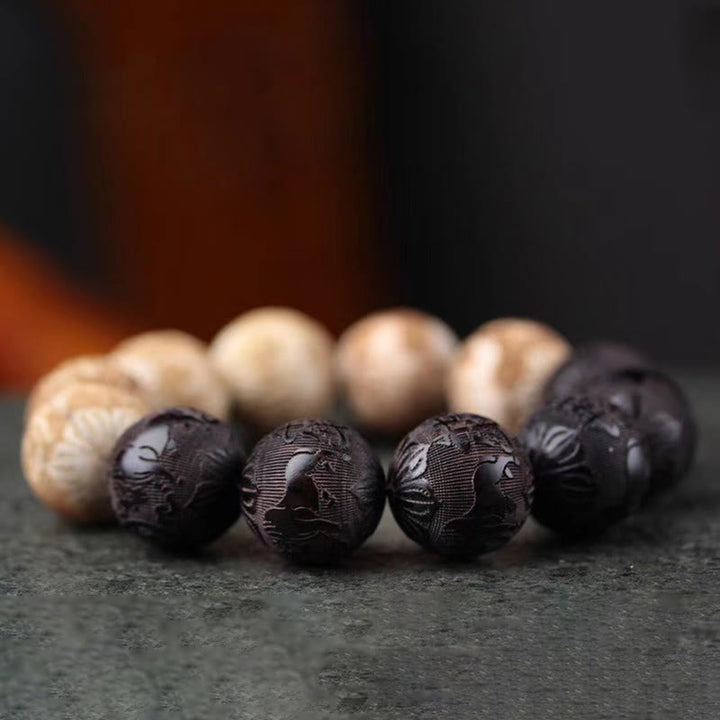 Bracciale della pace inciso Buddha Stones, legno di ebano, legno di canfora e Yin Yang, bue - image 3