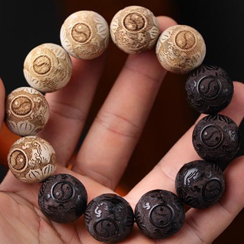 Bracciale della pace inciso Buddha Stones, legno di ebano, legno di canfora e Yin Yang, bue - image 4