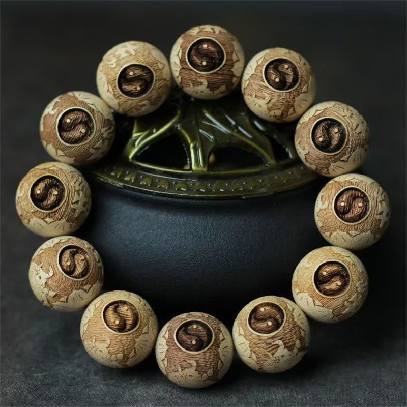 Braccialetto di chiarezza inciso con Buddha Stones, legno di canfora, Yin Yang e bue - Legno di canfora (circonferenza del polso 14-17 cm) - image 1