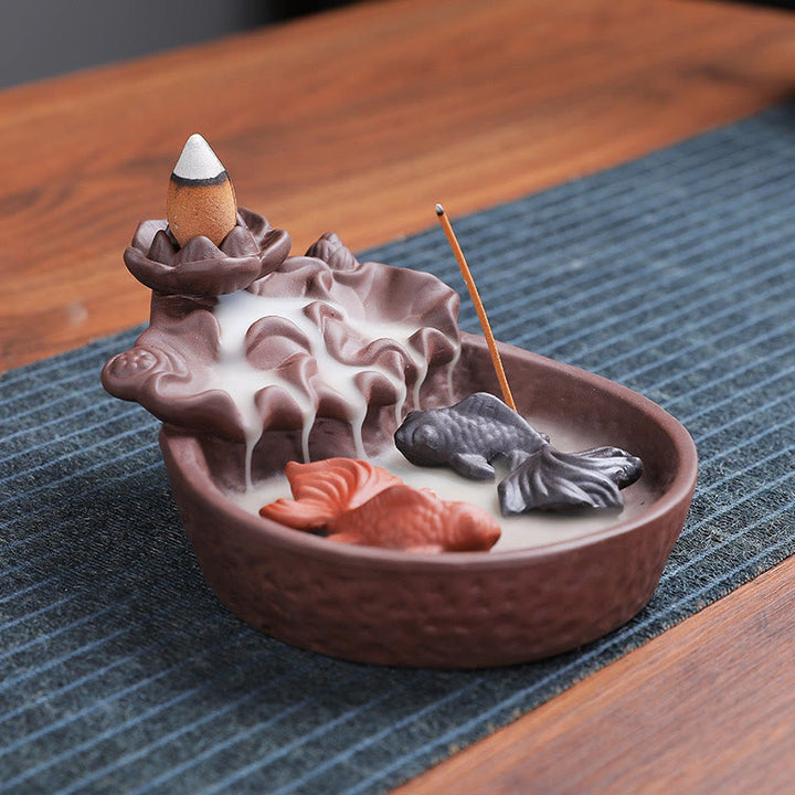 Buddha Stones , pesce koi, bue, porta incenso in ceramica viola, bruciatore di incenso curativo, decorazione - image 8