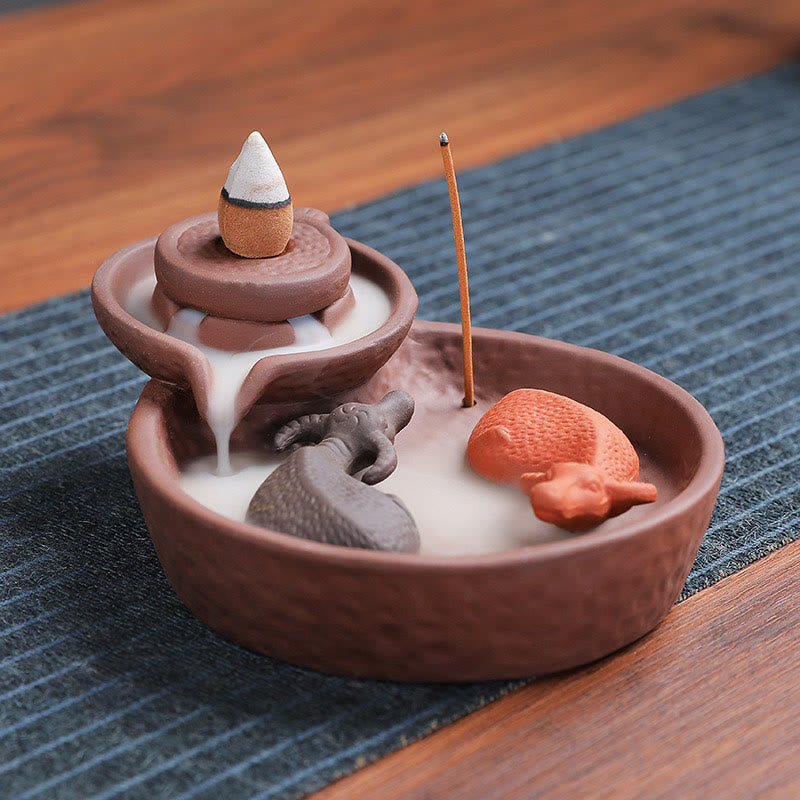 Buddha Stones , pesce koi, bue, porta incenso in ceramica viola, bruciatore di incenso curativo, decorazione - image 2