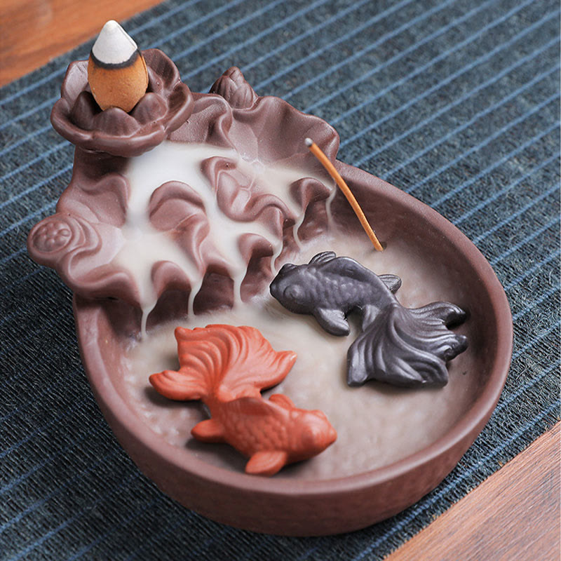 Buddha Stones , pesce koi, bue, porta incenso in ceramica viola, bruciatore di incenso curativo, decorazione - Koi Fish 10,8*13,5*5 cm (senza incenso) - image 9
