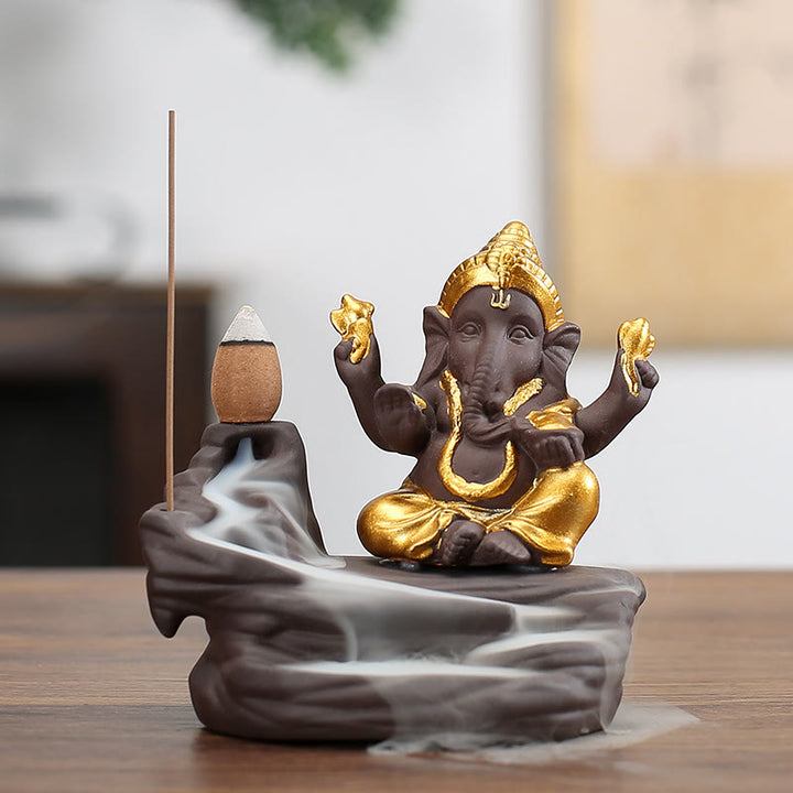 Buddha Stones, Ganesh, Elefante, Argilla Viola, Fontana di Fumo a Riflusso, Protezione Bastoncino, Bruciatore di Incenso - Dorato 10,1*11 cm - image 2