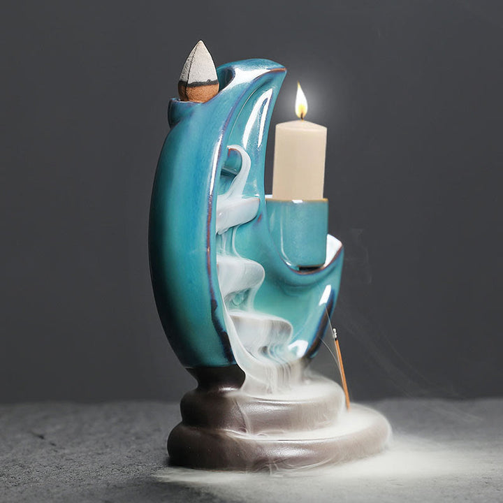 Buddha Stones, Luna crescente blu, Fontana di fumo a riflusso in ceramica, Candelabro per meditazione, Bruciatore di incenso, Decorazione - image 4