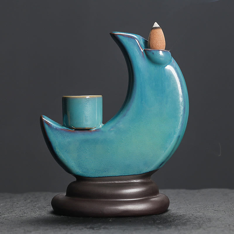 Buddha Stones, Luna crescente blu, Fontana di fumo a riflusso in ceramica, Candelabro per meditazione, Bruciatore di incenso, Decorazione - image 2