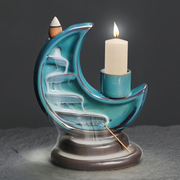 Buddha Stones, Luna crescente blu, Fontana di fumo a riflusso in ceramica, Candelabro per meditazione, Bruciatore di incenso, Decorazione - image 8