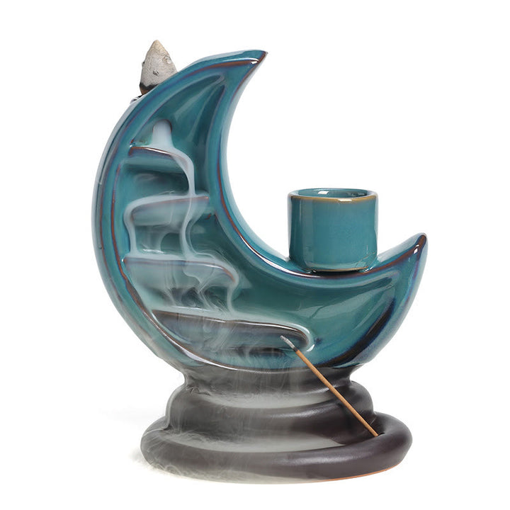 Buddha Stones, Luna crescente blu, Fontana di fumo a riflusso in ceramica, Candelabro per meditazione, Bruciatore di incenso, Decorazione - image 17