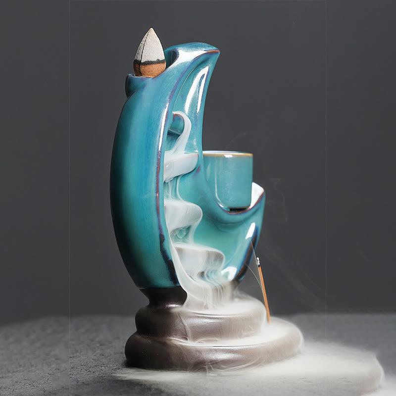 Buddha Stones, Luna crescente blu, Fontana di fumo a riflusso in ceramica, Candelabro per meditazione, Bruciatore di incenso, Decorazione - image 8