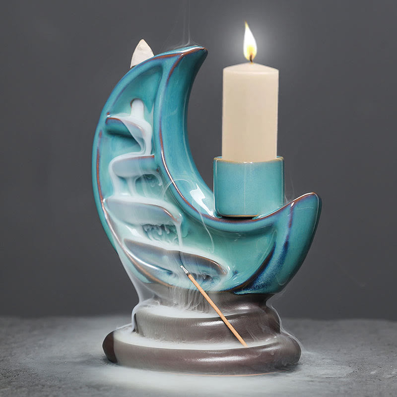 Buddha Stones, Luna crescente blu, Fontana di fumo a riflusso in ceramica, Candelabro per meditazione, Bruciatore di incenso, Decorazione - image 7