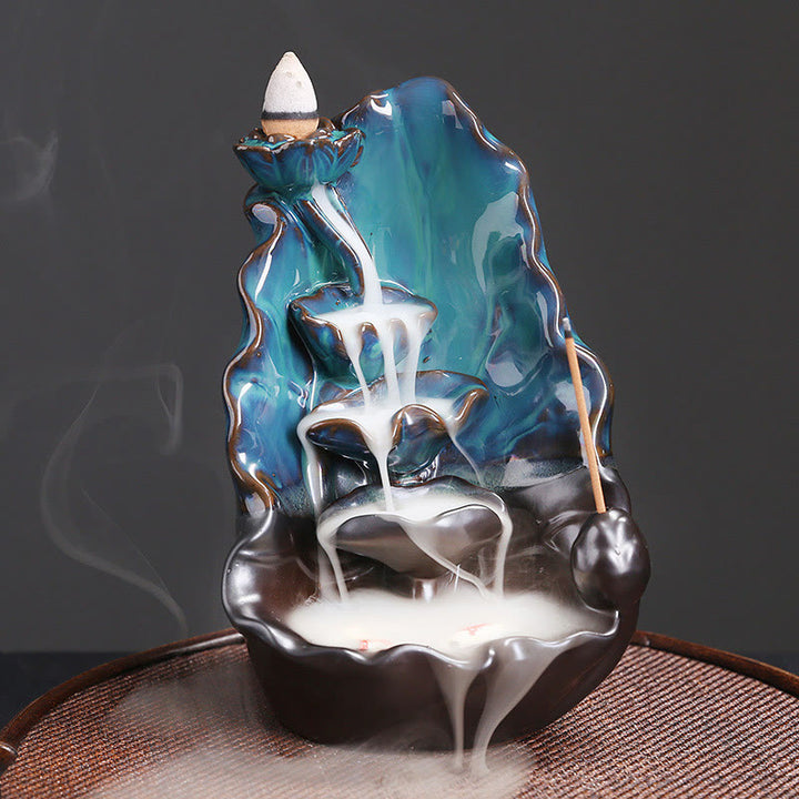 Bruciatore di incenso spirituale con fontana di fumo a riflusso in ceramica, foglia di loto blu, Buddha Stones, decorazione - Loto blu 10,1*9,6*16,2 cm - image 0