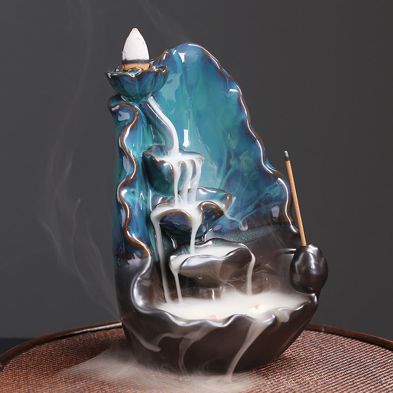 Bruciatore di incenso spirituale con fontana di fumo a riflusso in ceramica, foglia di loto blu, Buddha Stones, decorazione - image 1