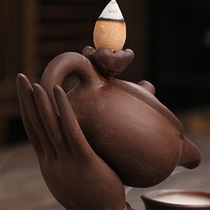 Buddha Stones, mano di Buddha che tiene teiera, tazza, fontana di fumo a riflusso in ceramica, bruciatore di incenso curativo, decorazione - image 16