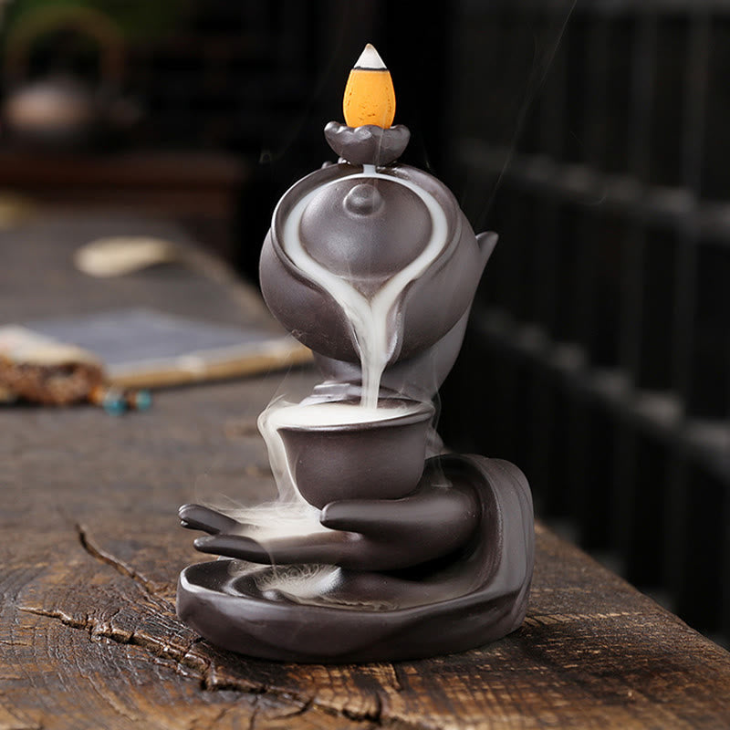 Buddha Stones, mano di Buddha che tiene teiera, tazza, fontana di fumo a riflusso in ceramica, bruciatore di incenso curativo, decorazione - image 2