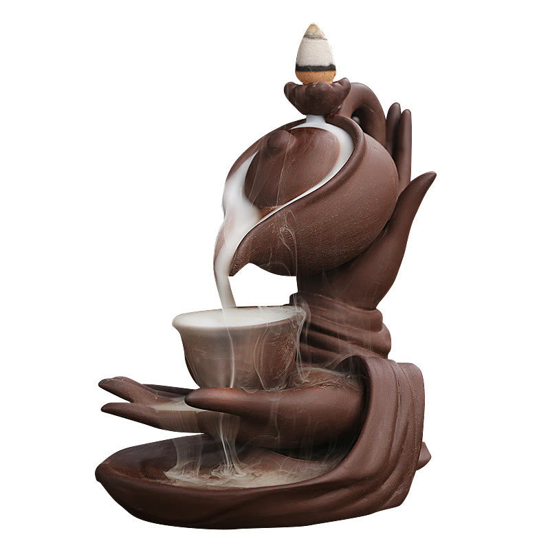 Buddha Stones, mano di Buddha che tiene teiera, tazza, fontana di fumo a riflusso in ceramica, bruciatore di incenso curativo, decorazione - image 20