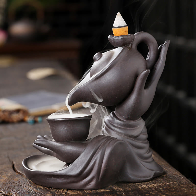 Buddha Stones, mano di Buddha che tiene teiera, tazza, fontana di fumo a riflusso in ceramica, bruciatore di incenso curativo, decorazione - image 3