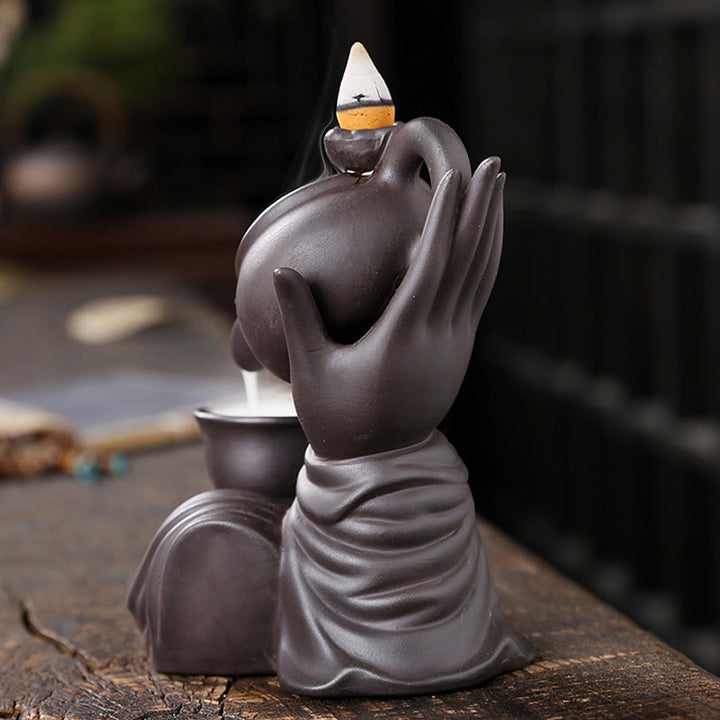 Buddha Stones, mano di Buddha che tiene teiera, tazza, fontana di fumo a riflusso in ceramica, bruciatore di incenso curativo, decorazione - image 4