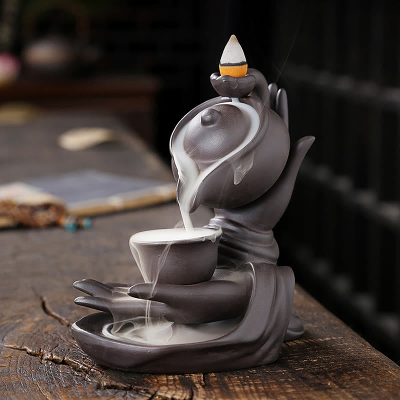 Buddha Stones, mano di Buddha che tiene teiera, tazza, fontana di fumo a riflusso in ceramica, bruciatore di incenso curativo, decorazione - image 5