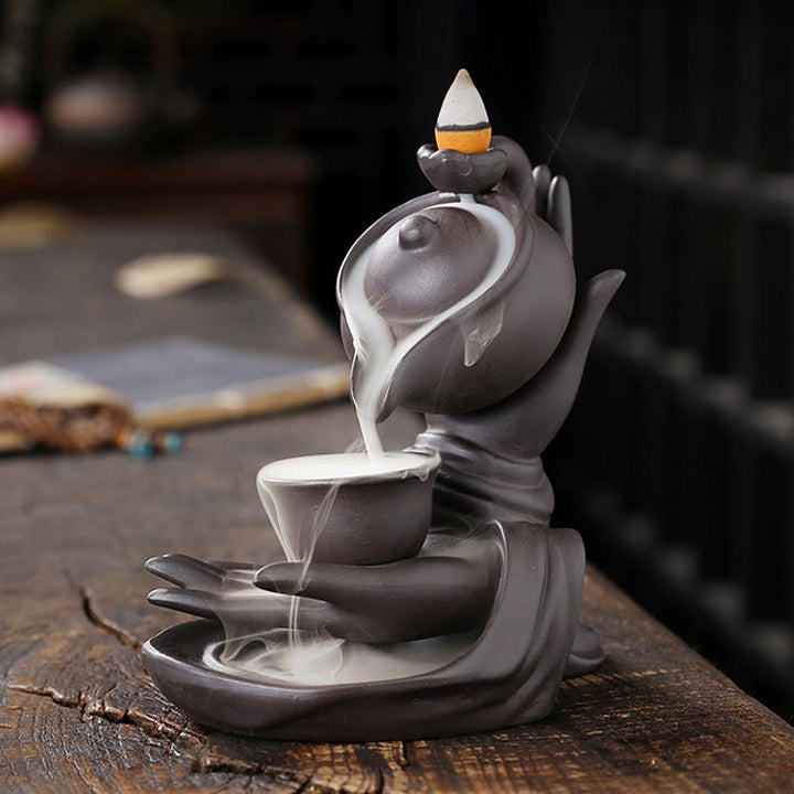 Buddha Stones, mano di Buddha che tiene teiera, tazza, fontana di fumo a riflusso in ceramica, bruciatore di incenso curativo, decorazione - image 5
