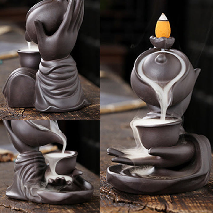 Buddha Stones, mano di Buddha che tiene teiera, tazza, fontana di fumo a riflusso in ceramica, bruciatore di incenso curativo, decorazione - image 9