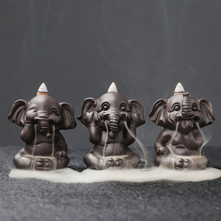 Buddha Stones, elefante carino, argilla viola, fontana di fumo a riflusso, bruciatore di incenso curativo per la pace, decorazione - Set di 3 elefanti - image 1