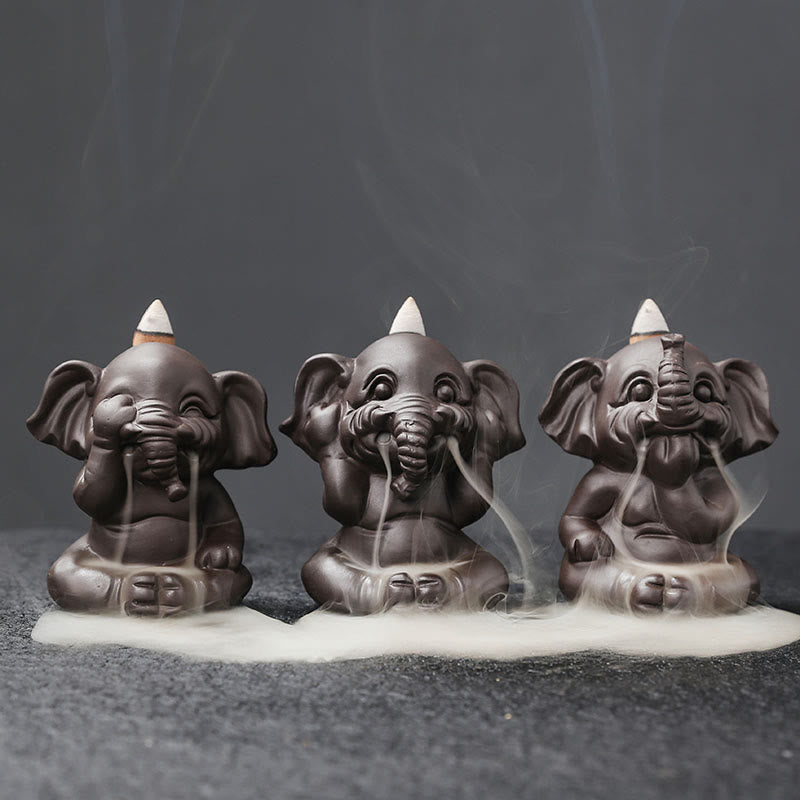Buddha Stones, elefante carino, argilla viola, fontana di fumo a riflusso, bruciatore di incenso curativo per la pace, decorazione - Set di 3 elefanti - image 0