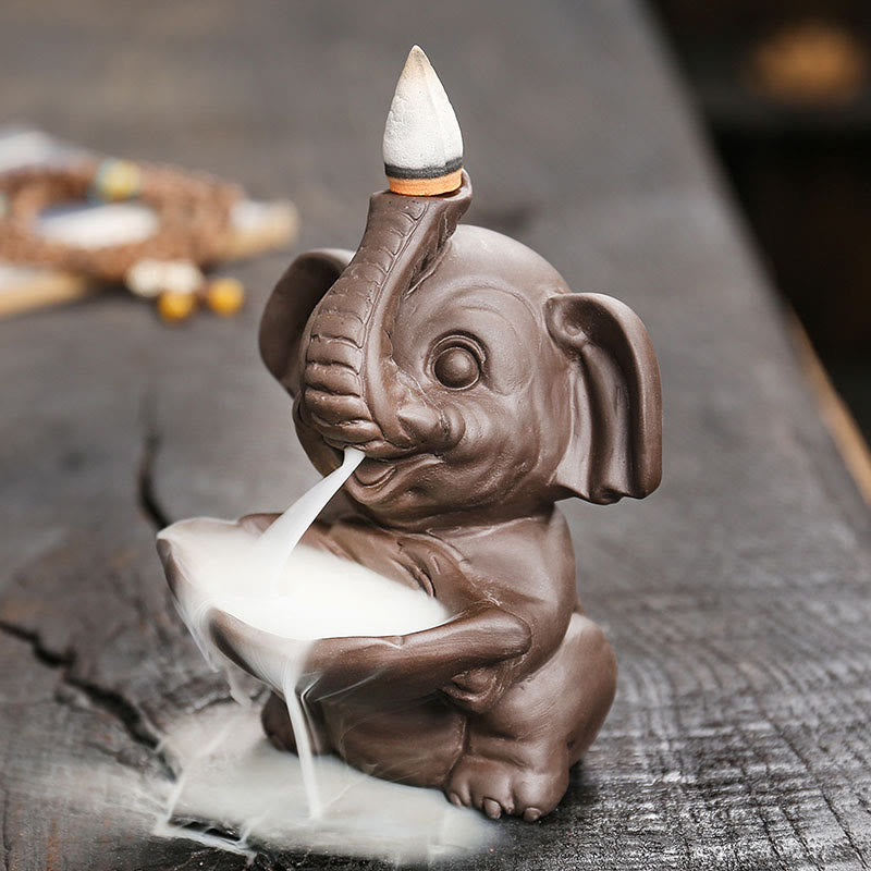 Buddha Stones, piccolo elefante che tiene una foglia, argilla viola, fontana di fumo a riflusso, bruciatore di incenso curativo, decorazione - image 3