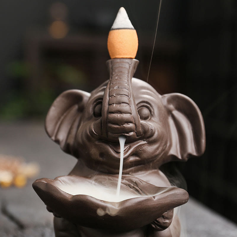 Buddha Stones, piccolo elefante che tiene una foglia, argilla viola, fontana di fumo a riflusso, bruciatore di incenso curativo, decorazione - image 10