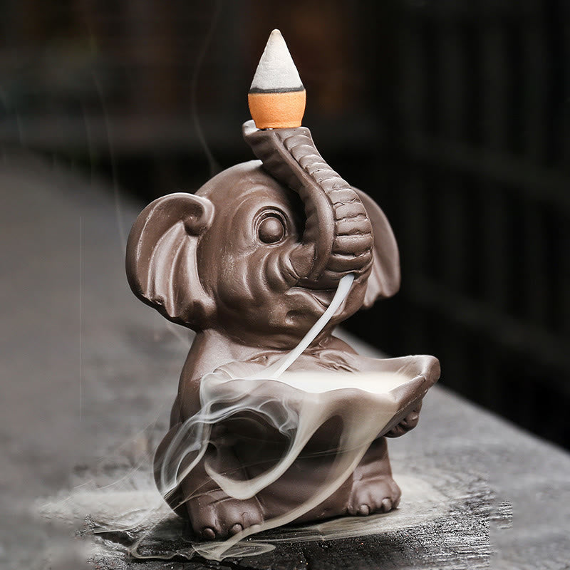 Buddha Stones, piccolo elefante che tiene una foglia, argilla viola, fontana di fumo a riflusso, bruciatore di incenso curativo, decorazione - image 2
