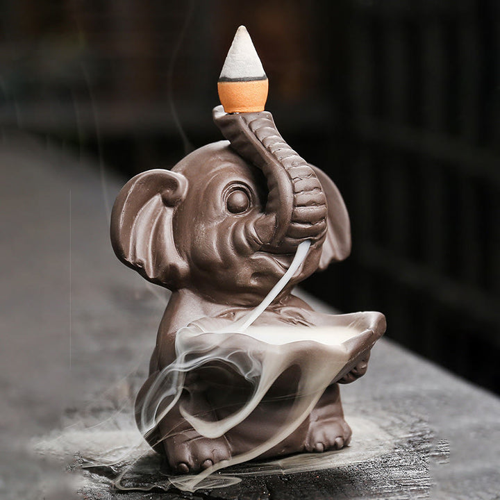 Buddha Stones, piccolo elefante che tiene una foglia, argilla viola, fontana di fumo a riflusso, bruciatore di incenso curativo, decorazione - image 2
