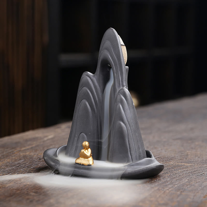 Buddha Stones, piccolo monaco, montagne, acqua corrente, argilla viola, ceramica, bruciatore di incenso a riflusso, decorazione - image 1