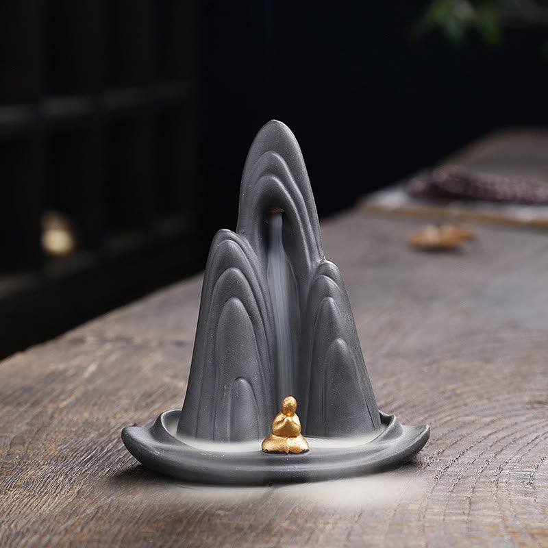 Buddha Stones, piccolo monaco, montagne, acqua corrente, argilla viola, ceramica, bruciatore di incenso a riflusso, decorazione - 10*6,6*10,8 cm (senza incenso) - image 1